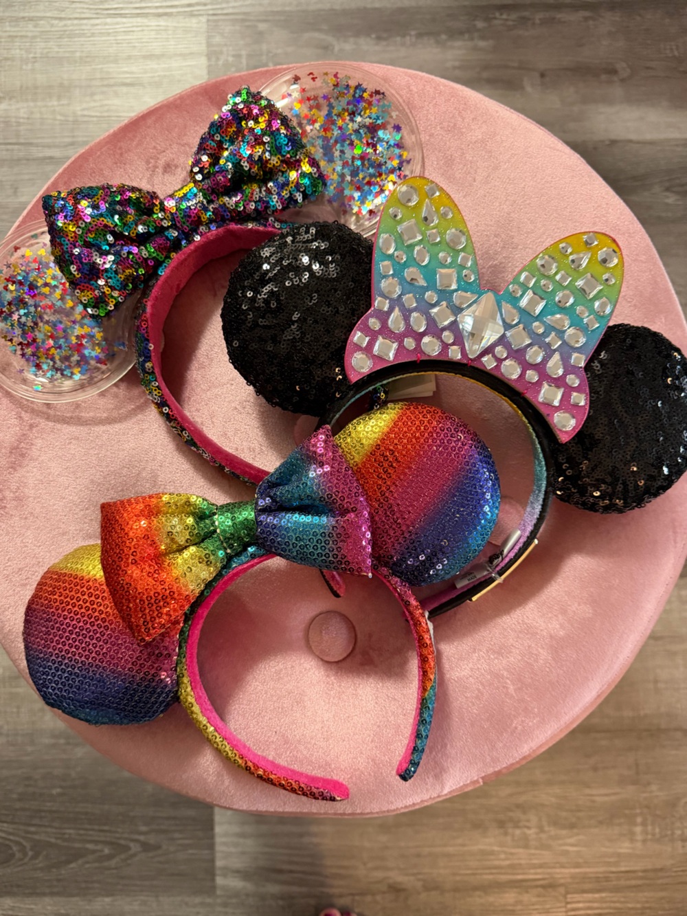 Lot of 3 Rainbow / Multicolor Disney Minnie Ear Headbands with Sequins & Crystal